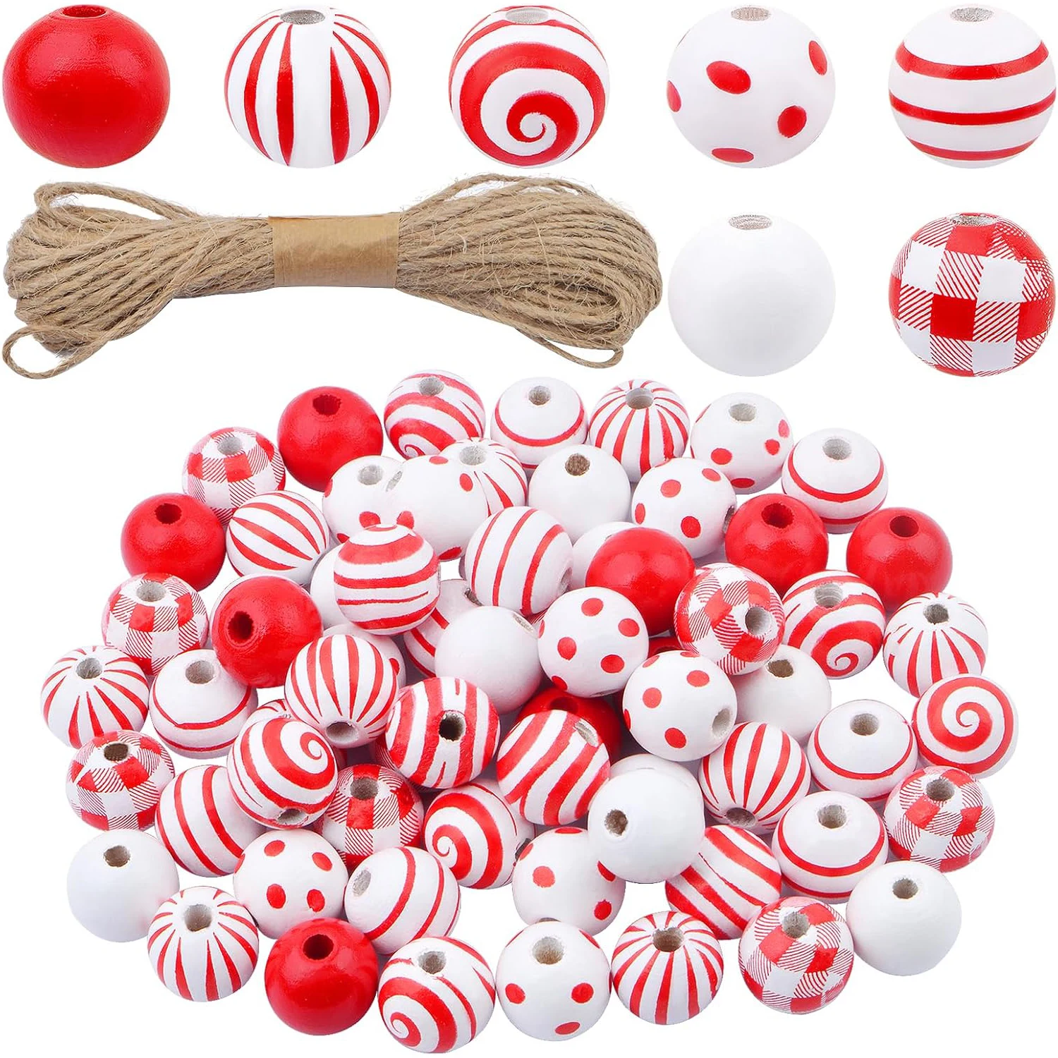 

Набор из 70 деревянных бусин: красно-белые, в полоску, в клетку, в стиле фермерского дома, с веревкой из джута