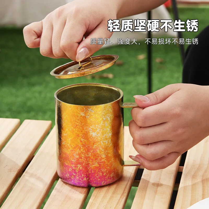 350ml Pure Titanium Mug With Handle And Lid For Beer/Coffee,Double-layer Heat Insulation, Anti-scalding,Office/travel Water Cup