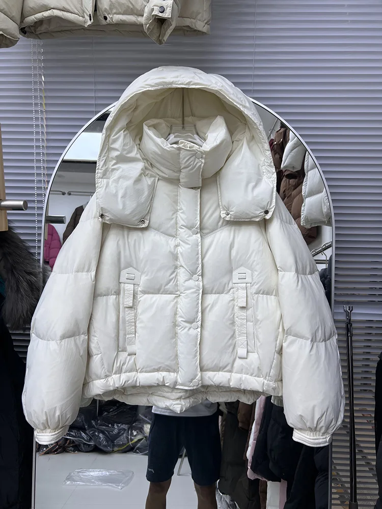 Korean version drawstring hem loose versatile white duck down jacket women's winter new trend hooded short style down coat