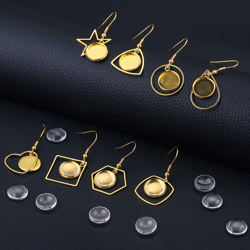 72pcs/lset Gold Stainless Steel Earrings Hooks Jewelry Making Kit 12mm Cabochon Blank Base Glass Resin Tray DIY Jewelry Findings
