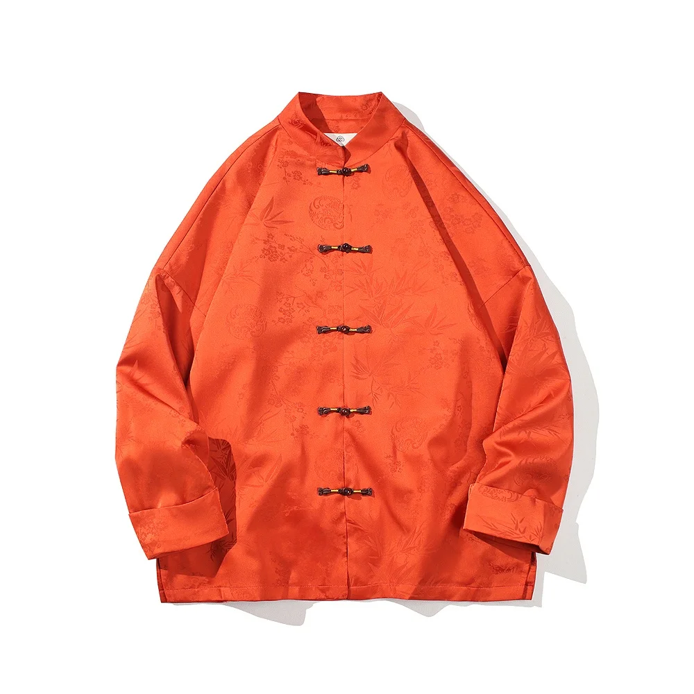 

Retro Ice Silk Men's Jaet with Button Trendy Chinese Sle Loose Fit Long Sve Stand Collar Outerwear for Daily Wear