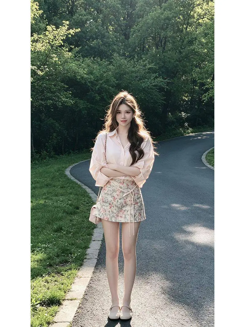 plus Size Korean Style Long Sleeve Shirt Women's Summer Beautiful Floral Half Skirt Two Piece Set Slimming Effect Trendy Outfit