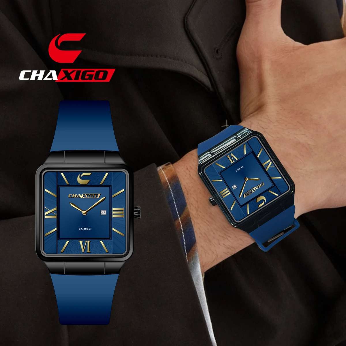 

CHAXIGO Men's Classic Business Casual Sport Square Silicone Watch with Quartz Strap, Luminous Hands, 30m Water Resistance