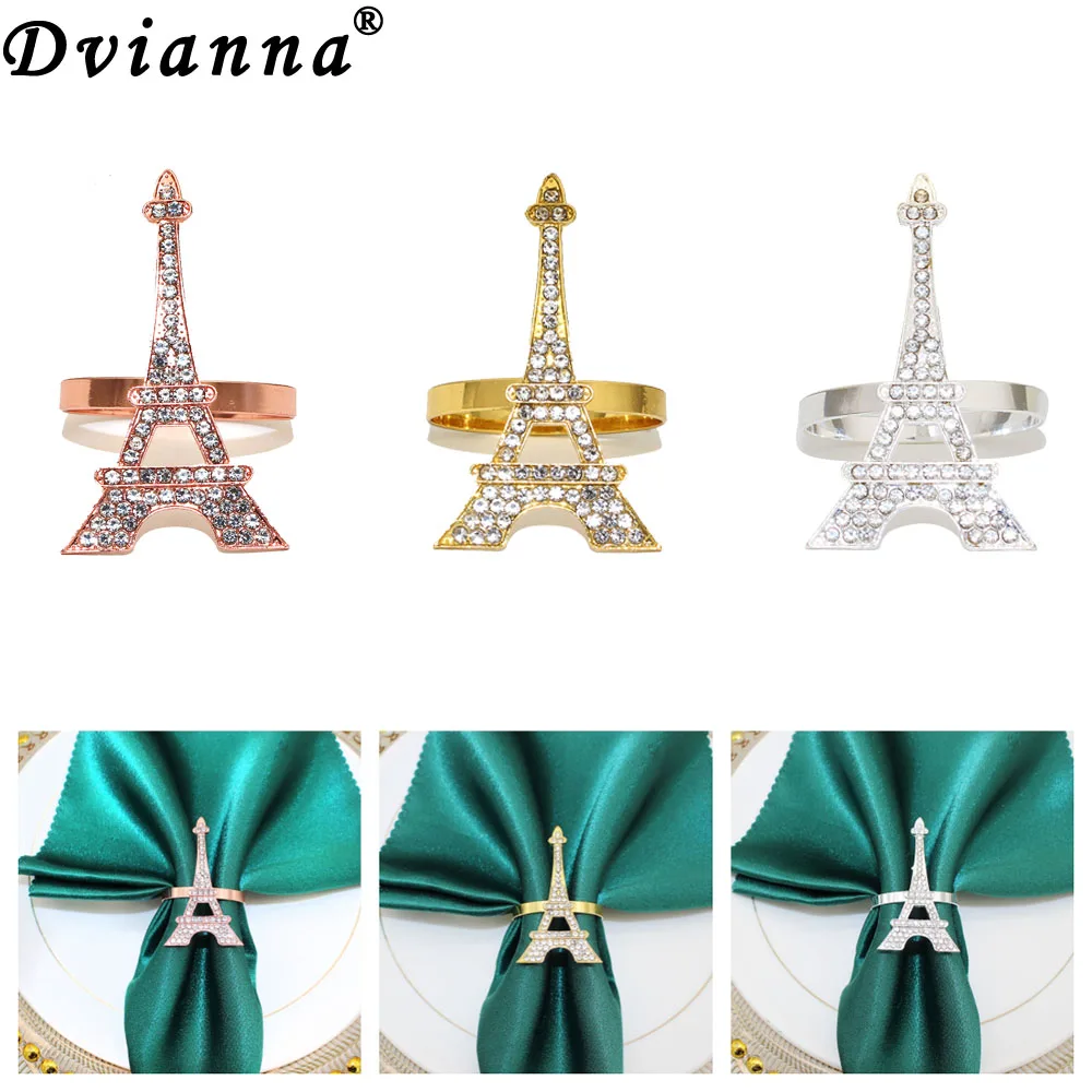 20Pcs Rhinestone Eiffel Tower Napkin Rings Rose Gold Paris Eiffel Tower Napkin Buckle for Baby Shower Paris Theme Party Supplies