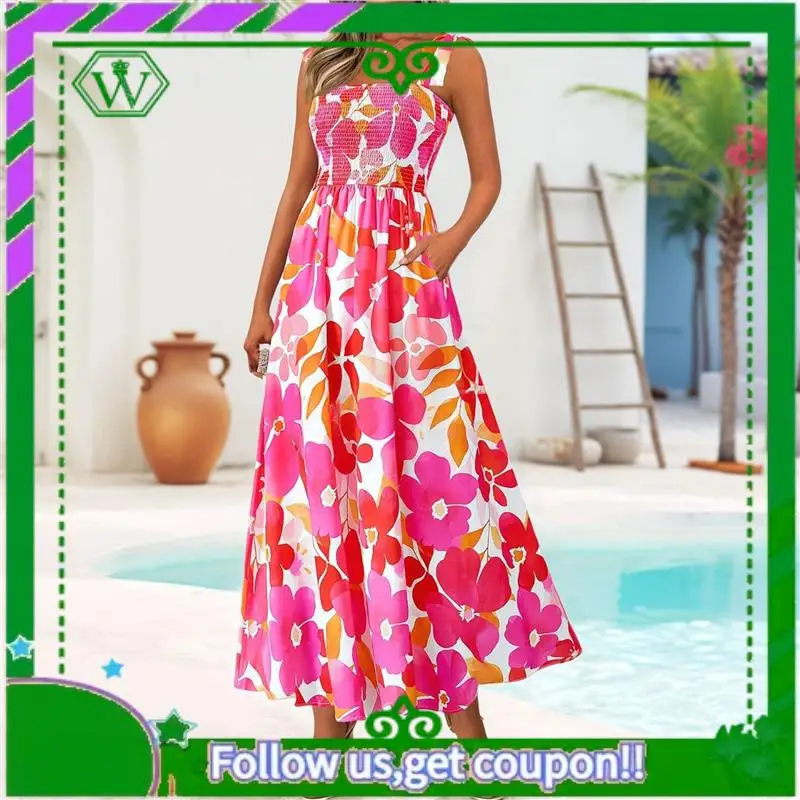 A18P-Vestiti estivi da donna Abito maxi smock floreale senza maniche Boho con cinturino per spaghetti A Line Flowy Beach Abito estivo lungo