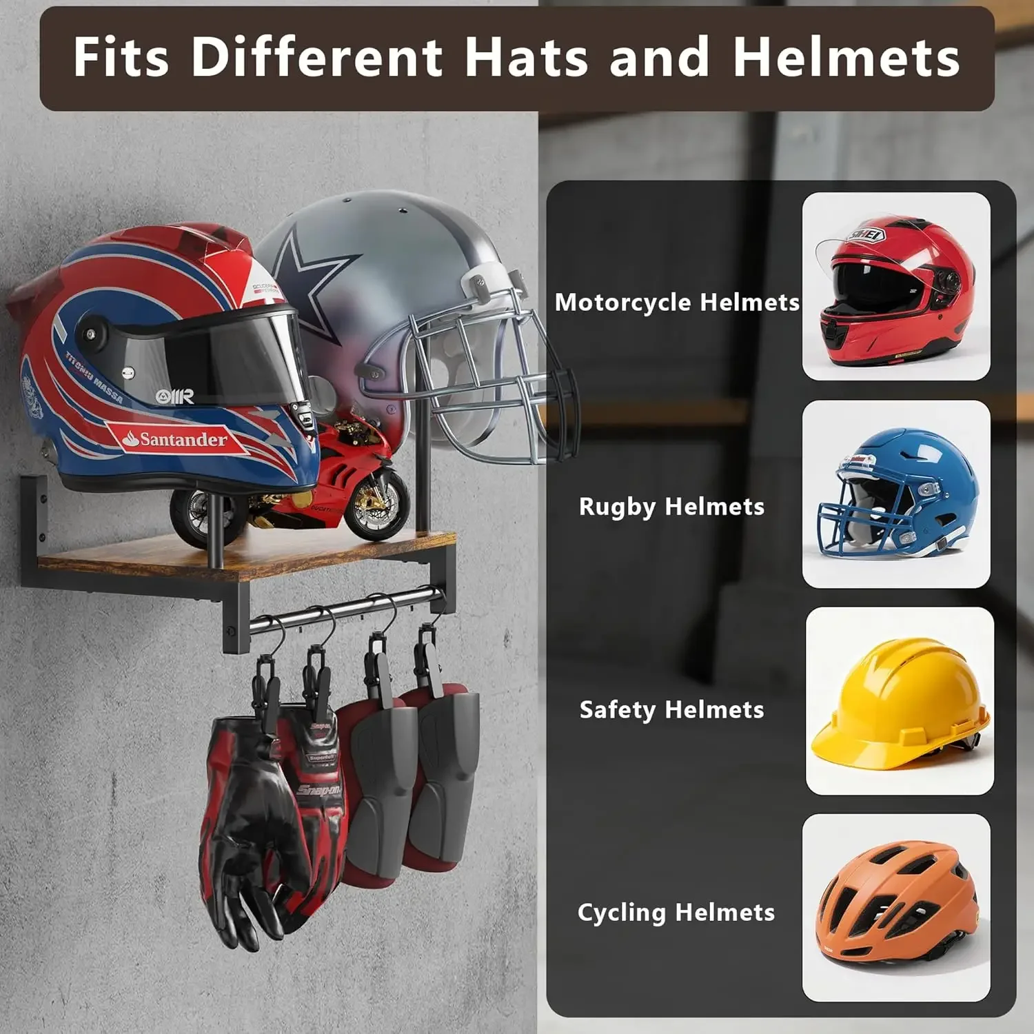 Dual Motorcycle Helmet Rack, Wall Mount Wood Display Stand with Hooks for Jackets & Keys, Biker Gear Organizer