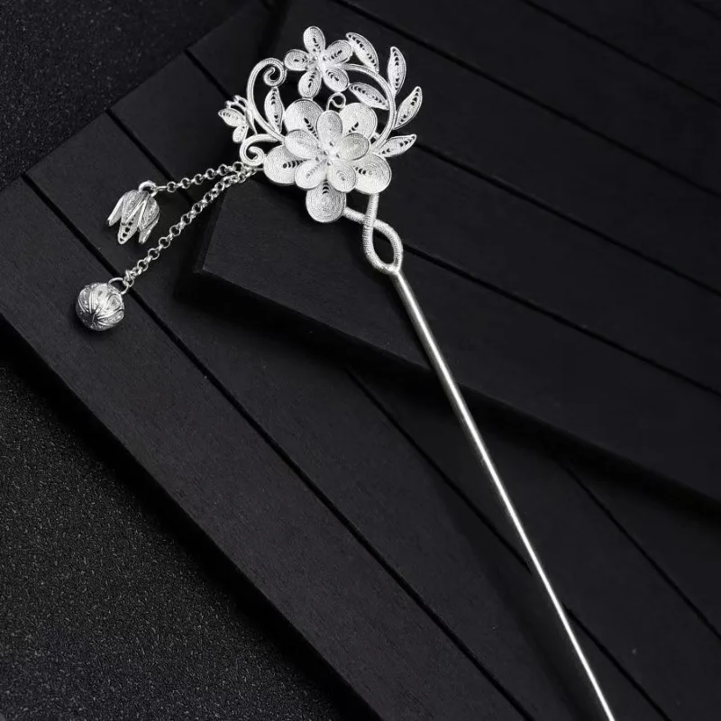 New in Chinese style silver 925 hollow tassels flower tiara chic filigree floral luster rocking hair jewelry hanfu accessories