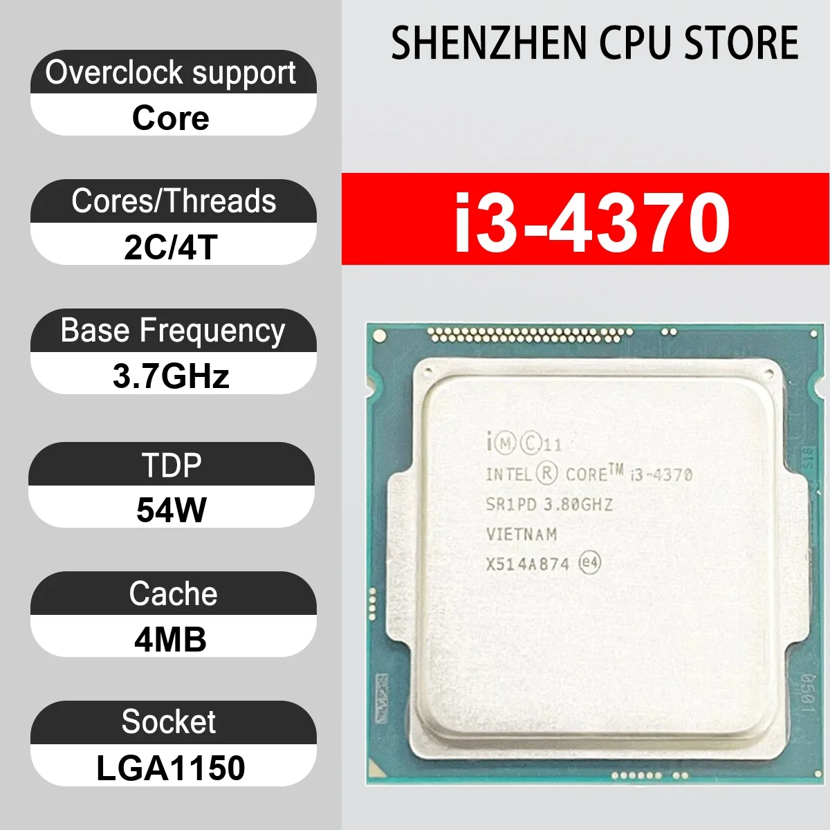 Intel Core i3-4370 2 Core 4 Thread 3.7GHz 54W 4MB Cache 22nm LGA 1150 SR1PD DDR3/DDR3L 1333/1600 MHz Haswell HD Graphics 4600