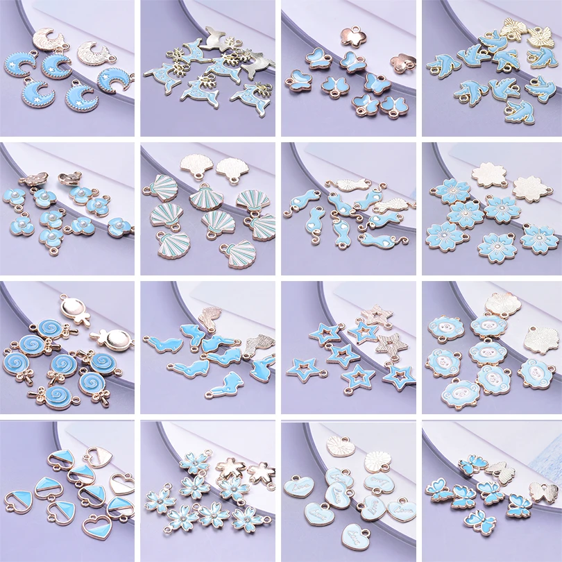 

10PCS/Lot Bulk Blue Cat/Moon/Love Various Styles Drip Oil Alloy Enamel Pendant Cute For Jewelry Making DIY Hanmade Accessories