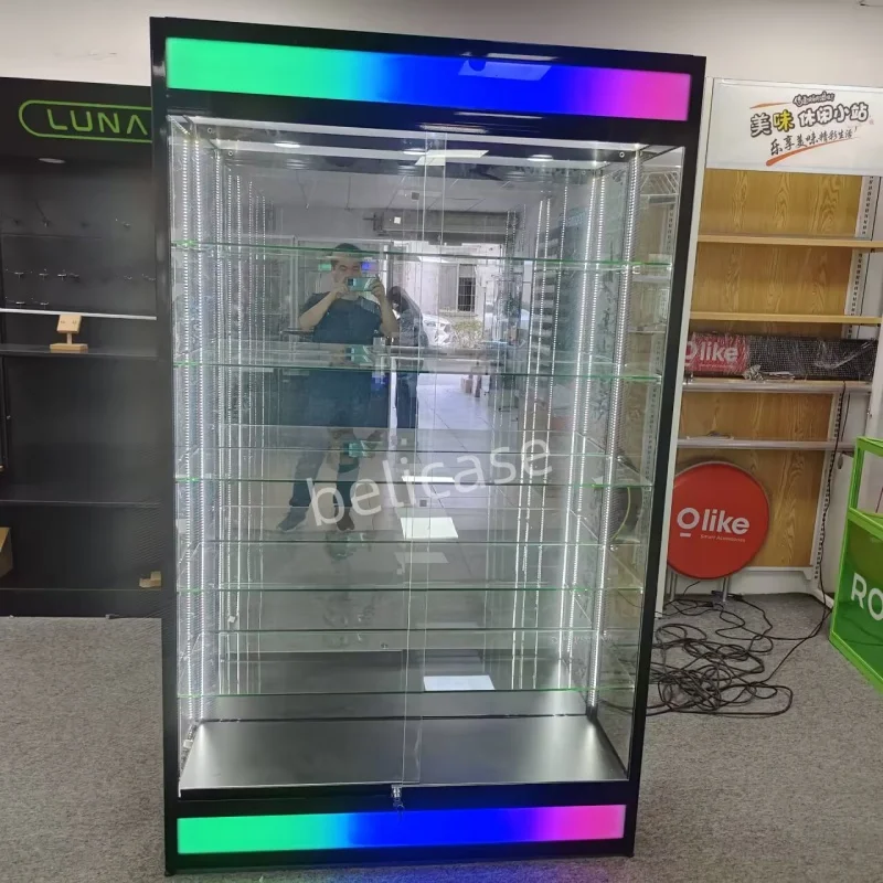 Vitrine de vidro com luz LED colorida, personalizado, moldura de alumínio, showerhead show, loja de fumaça, loja