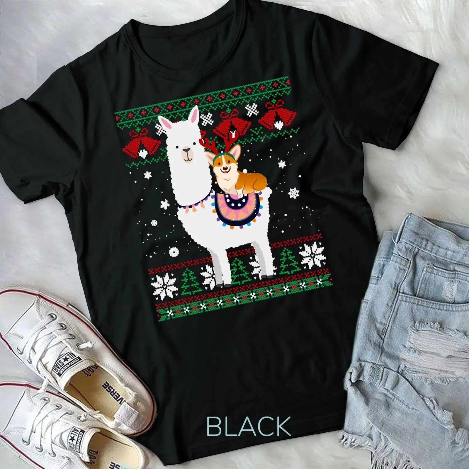 Funny Corgi Riding Llama Christmas Gifts Corgi Xmas ugly Unisex T-shirt