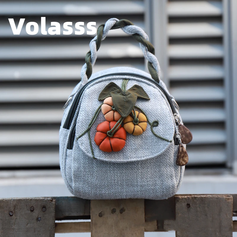 Volasss New Small Backpack For Women Small Mobile Phone Handbag Canvas Chinese Style Shoulder Bag Pumpkin Flower Crossbody Bags