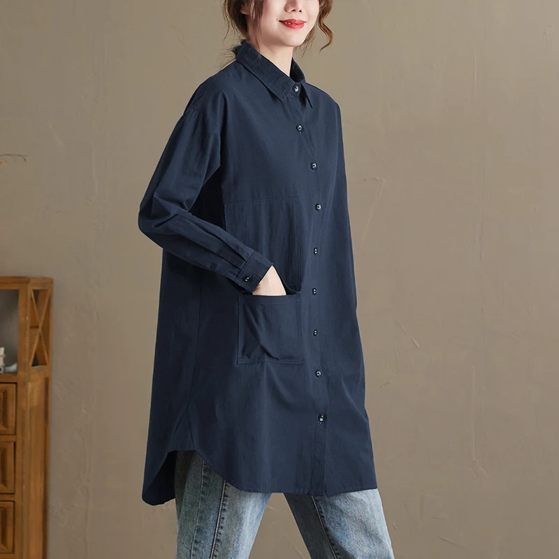 ربيع الخريف فضفاض طويل Sve القطن irt حجم كبير التخسيس طويل irt لون نقي المرأة عادية Faion Sle #3