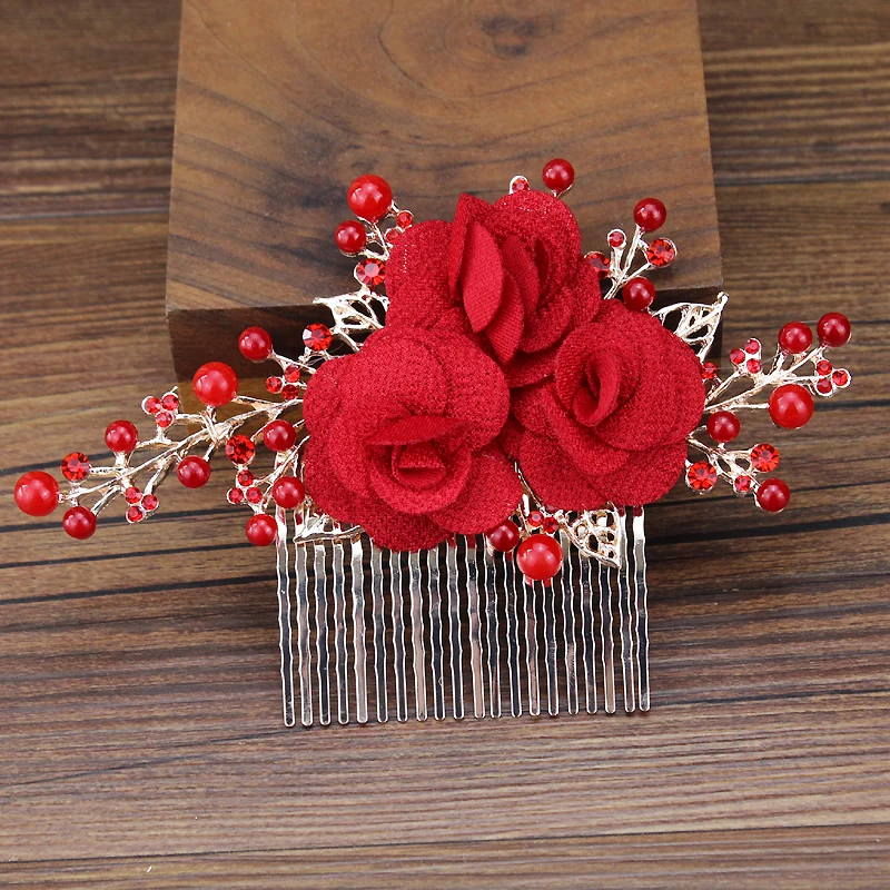 Handmade Crystal Bridal Hair Accessories Beaded Large Wedding Hair Comb Prom Festival Red Flower Headpiece For Bride Women