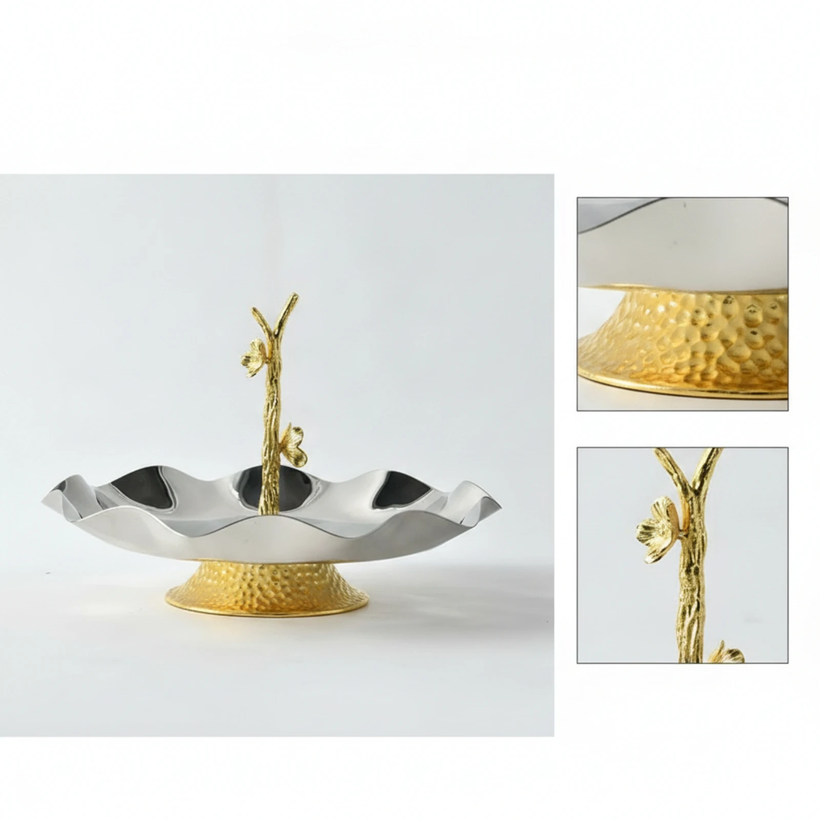 Decorative Tray with Pedestal Gold-Toned Stainless Steel Tray with Stem Bowl Textured Serving Dish Versatile for Home Decorators