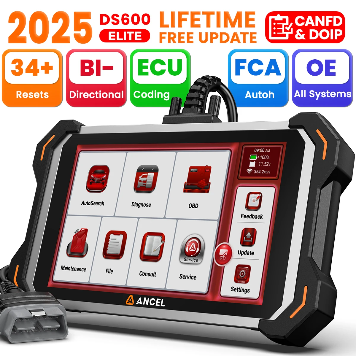 

ANCEL DS600 Elite All System Automotive Diagnostic Tool OBD2 Scanner ECU Coding Bidirectional Control 34+ Reset FCA CAN FD DOIP