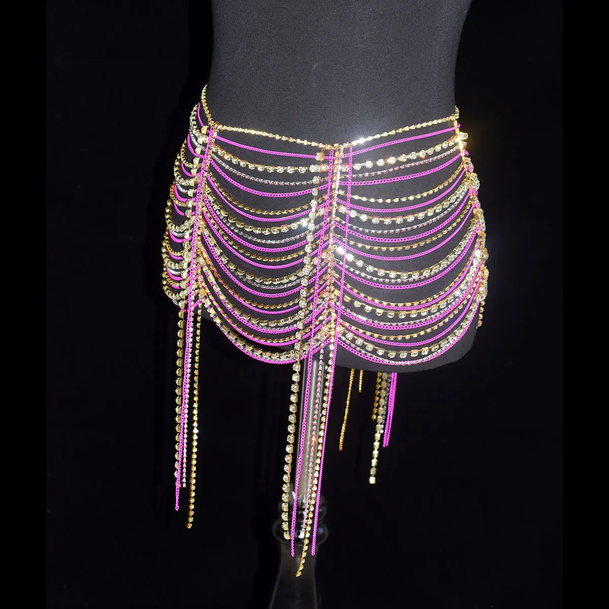 Shiny Women\'s Rhinestone Skirt Sexy  Luxurious Body  Jewelry Rose Red Wais stage Performance Music Festival Party  Costume Chain