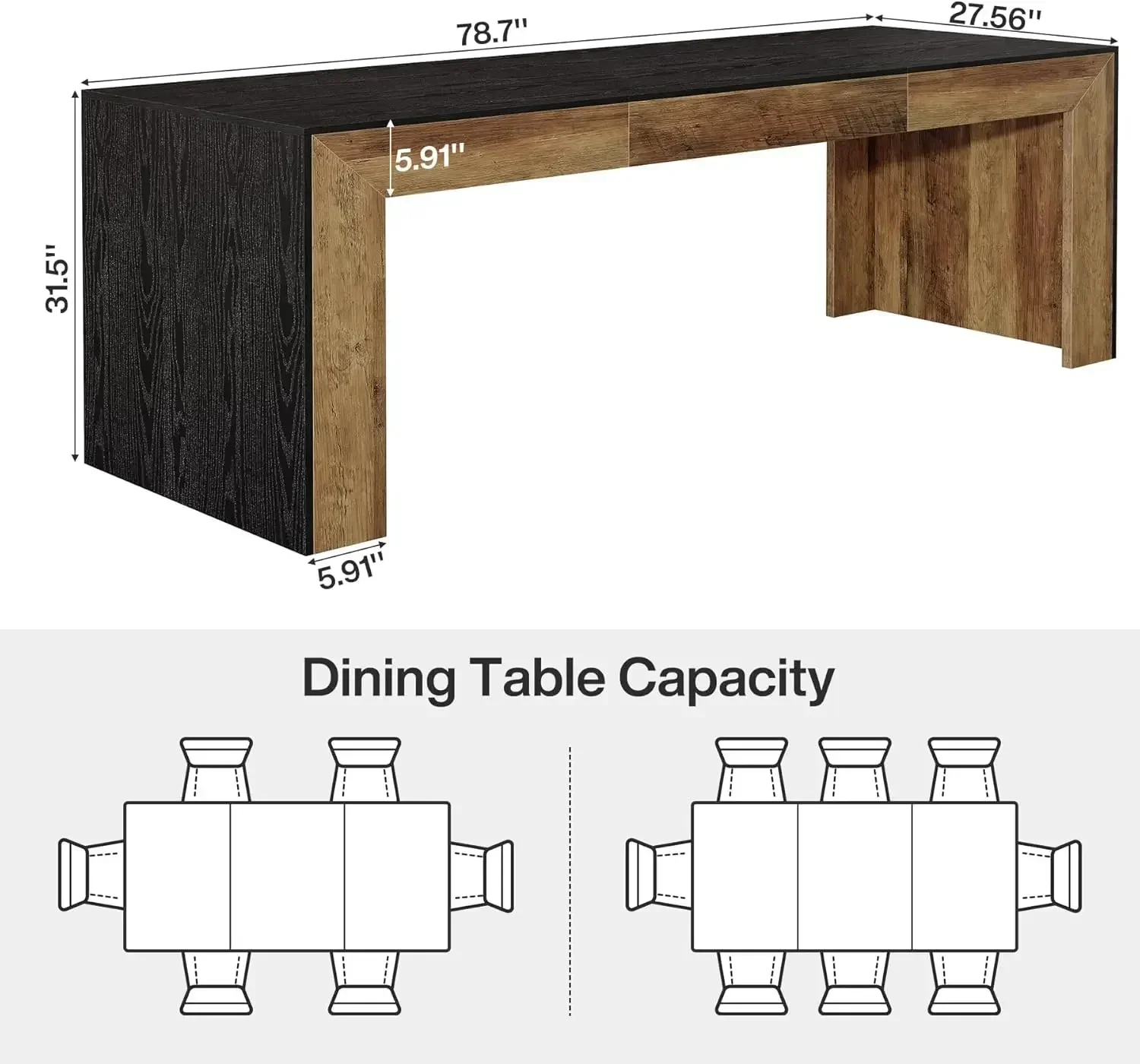 Extra Long Dining Table for 6-8 People, 78.7-Inch Rectangular Kitchen Table with Wooden Tabletop and Legs for Kitchen, Dining Ro
