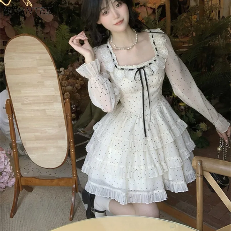 

Пышные платья, женские кружевные платья с бантом, модные повседневные кавайные милые платья с открытой спиной и длинными рукавами для девочек, весна-лето, молодой Mujer