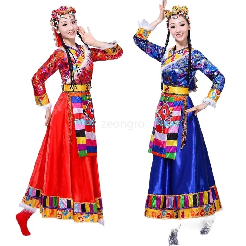 New Tibetan dance dress ethnic style large skirt square dance performance dress adult long skirt sleeve dress female