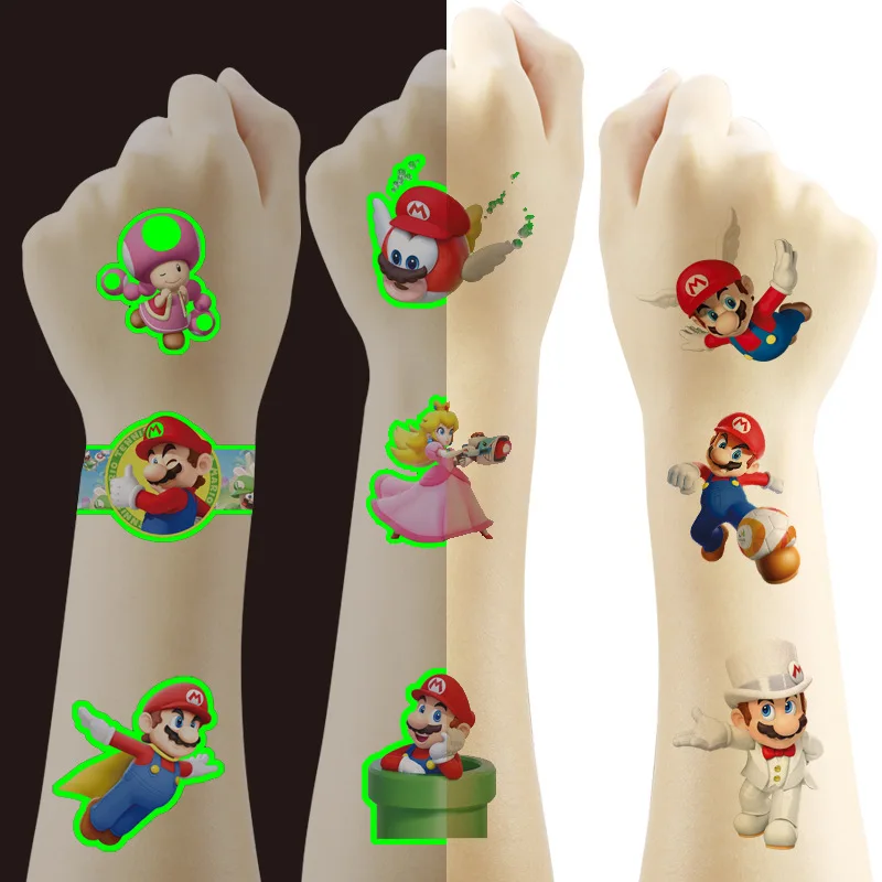 4 lembar tato noctilucent dan biasa stiker Super Mario tahan air stiker lucu kartun lucu mainan hadiah ulang tahun anak