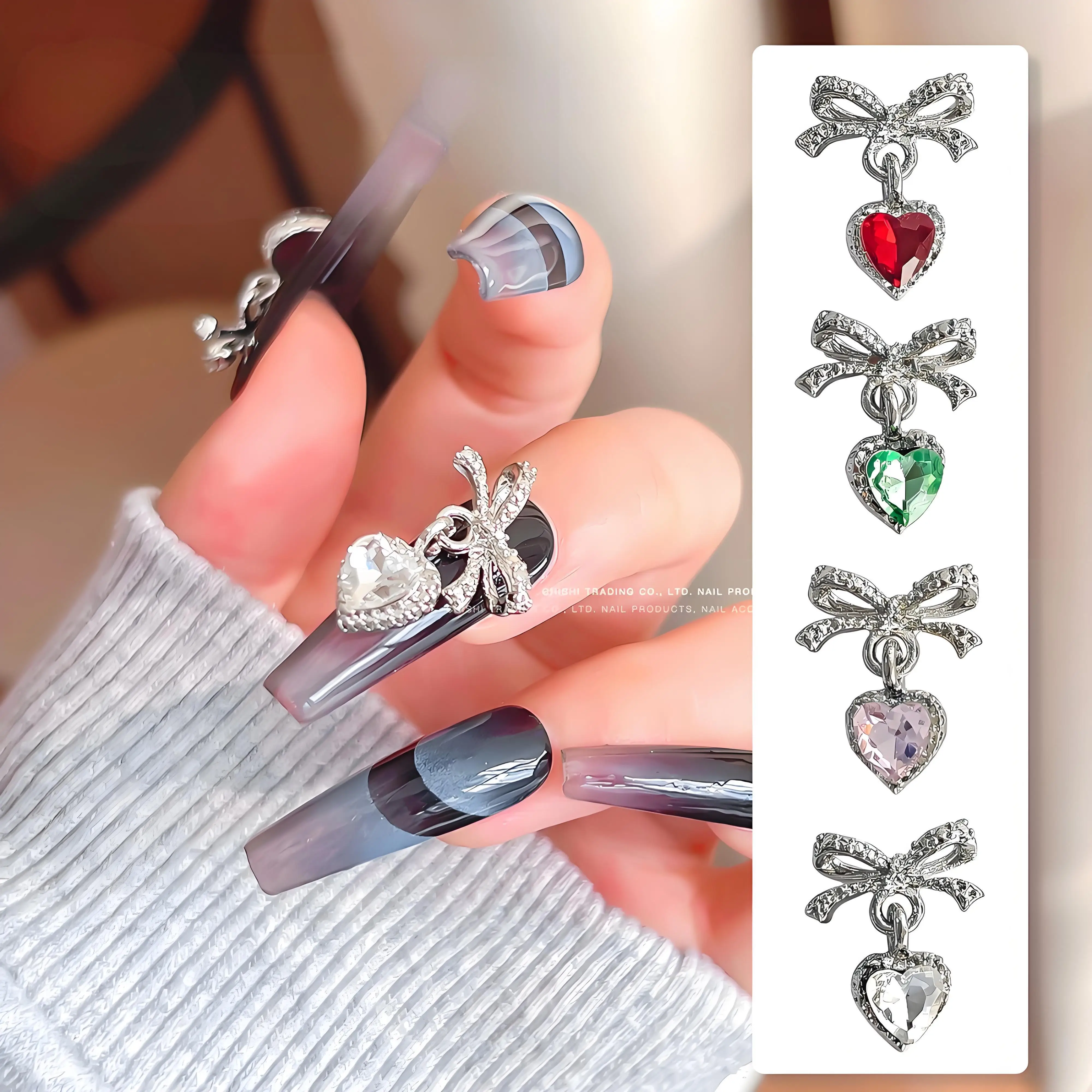 10PCS 3D Luxury Alloy Bow Nail Art Love Heart Rhinestone Pendant Charms Accessories For Manicure Decor Nails Decoration Supplies
