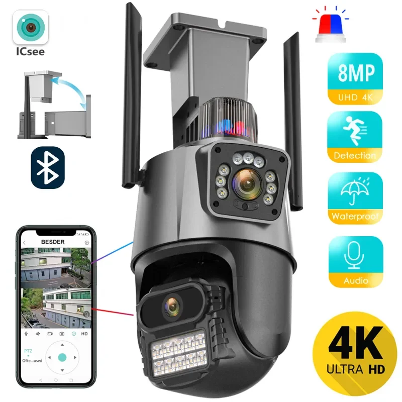 8MP 4K Wifi Camera Dual Lens Wireless Surveillance Cameras with 360 Degree Dead Angle Free Dual View Outdoor Night Vision CCTV