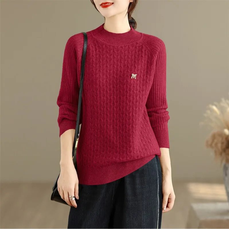 Outono inverno feminino malha redonda Ne suéter oulder inserção Thiened camada base quente top japonês Sle poliéster Ac...