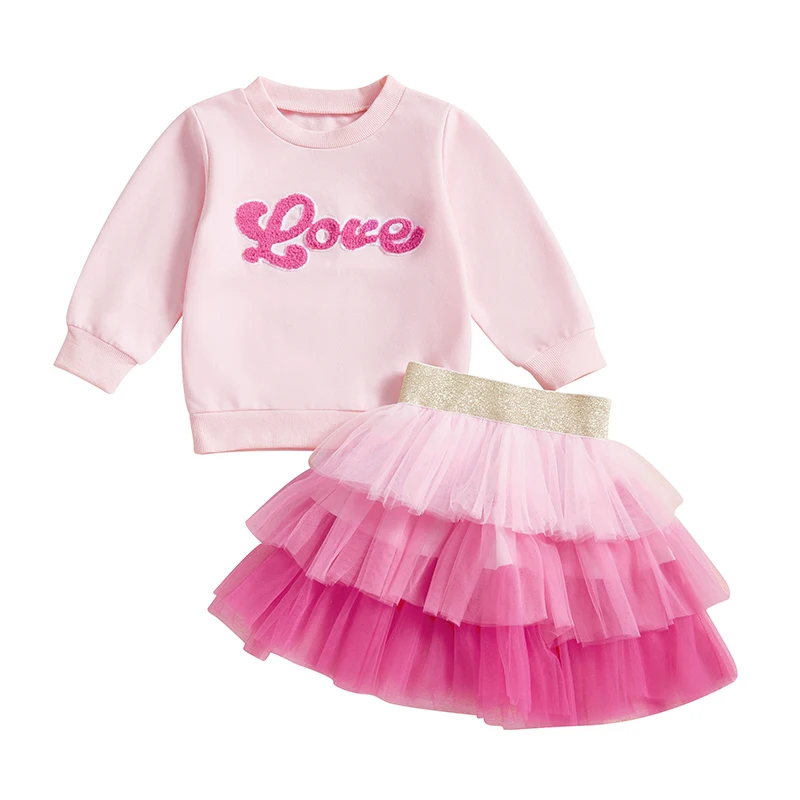 Kids Girls Skirt Set Long Sleeve Embroidery Letters Sweatshirt with Gradient Color Tulle Skirt Valentines Day Outfit