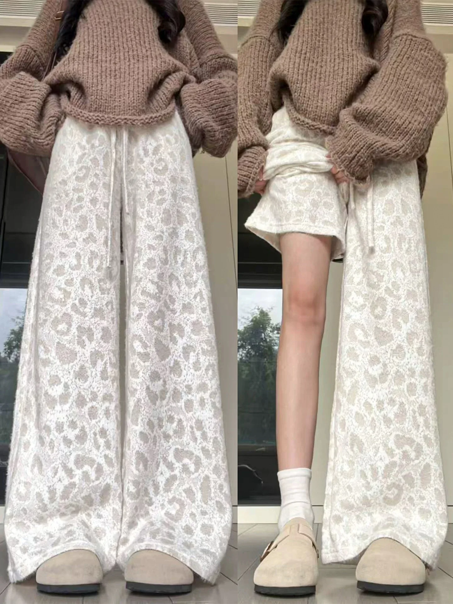plus Size 300 Pounds Women's Casual Pants High Waist Slimming Loose Wide Leg Drapey Floor-Length Leopard Print Spring Autumn