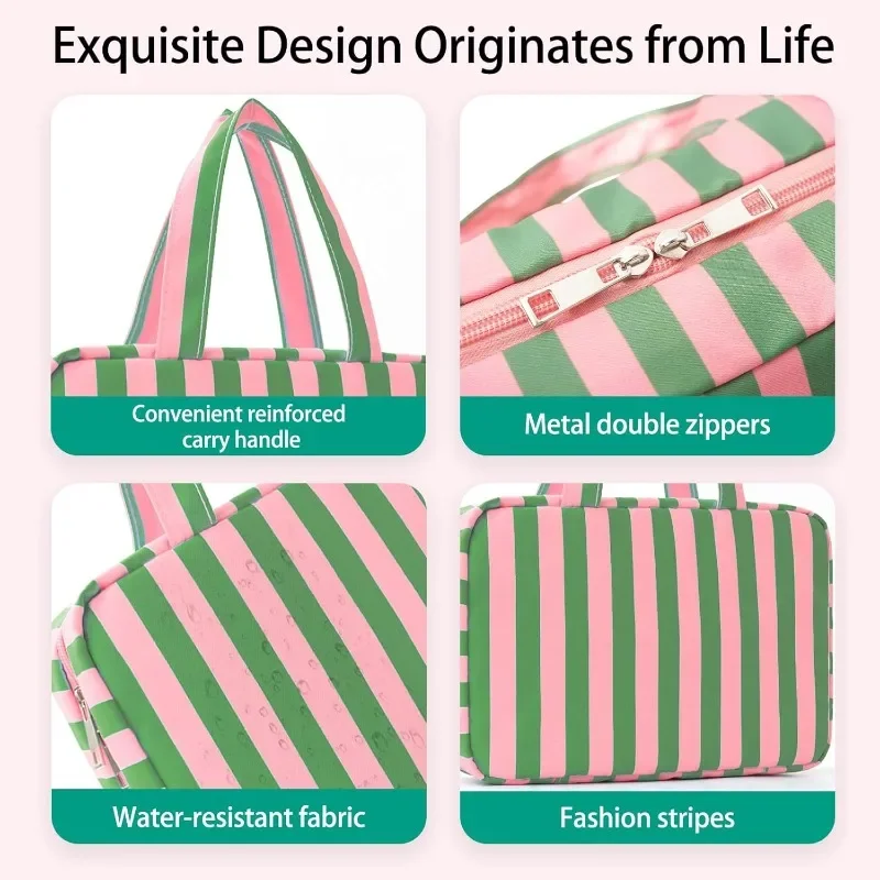 Foldable Hanging Travel Makeup Bag with Wet and Dry Compartments Striped Multi Pocket Toiletry Organizer for Gym Weekend Trips​