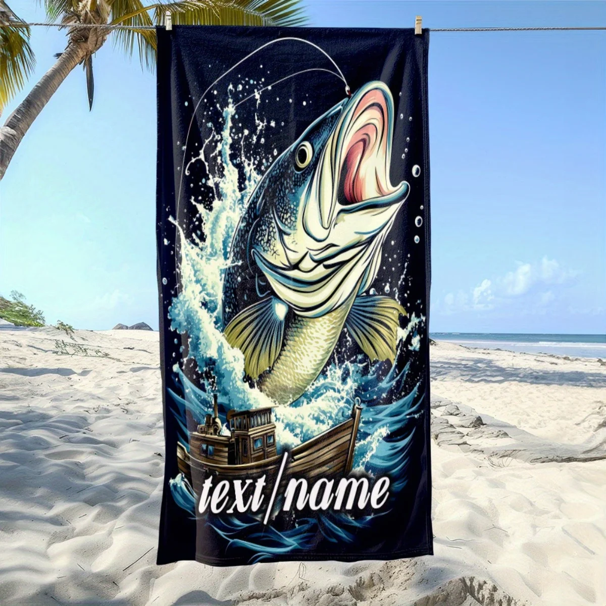 Custom Big Fish Beach Towel Personalized Name Fishing Lure Microfiber Bath Towel 160x80cm Soft Quick Dry