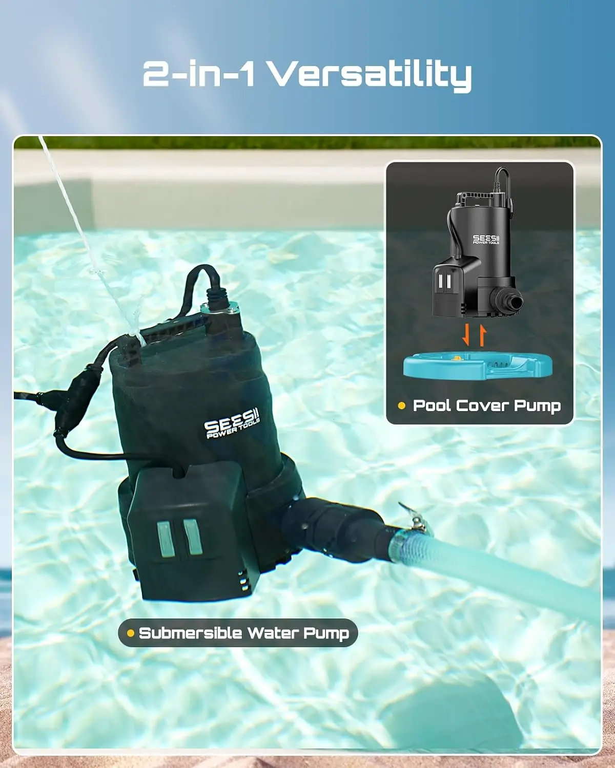 SEESII Auto 2-in-1 Pool Cover & Submersible Water Pump 1/3 HP 3035 GPH Sump Pump for Pools Flooded Basements Hot Tubs & Garden Ponds