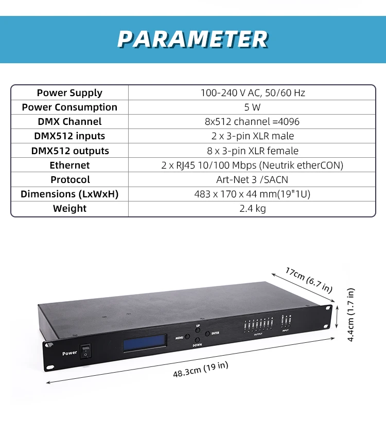 جديد 3/5 دبوس Artnet Dmx 8 طرق شبكة موسع الناتج 8x512 4096 قنوات للمرحلة Dj وحدة تحكم في الإضاءة Artnet إلى عقد DMX