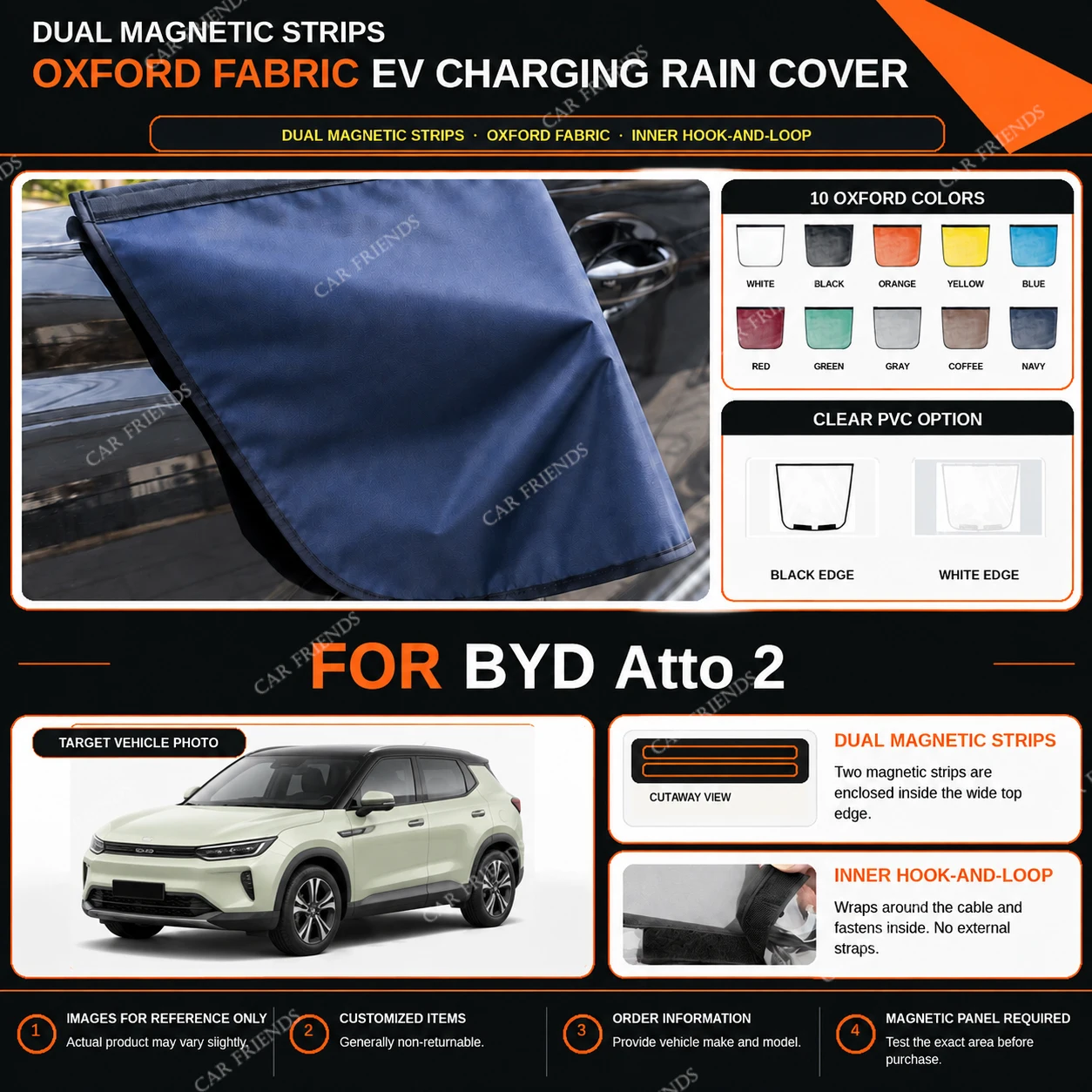 For BYD Atto 2 Oxford Fabric EV Charging Rain Cover with Dual Magnetic Strips