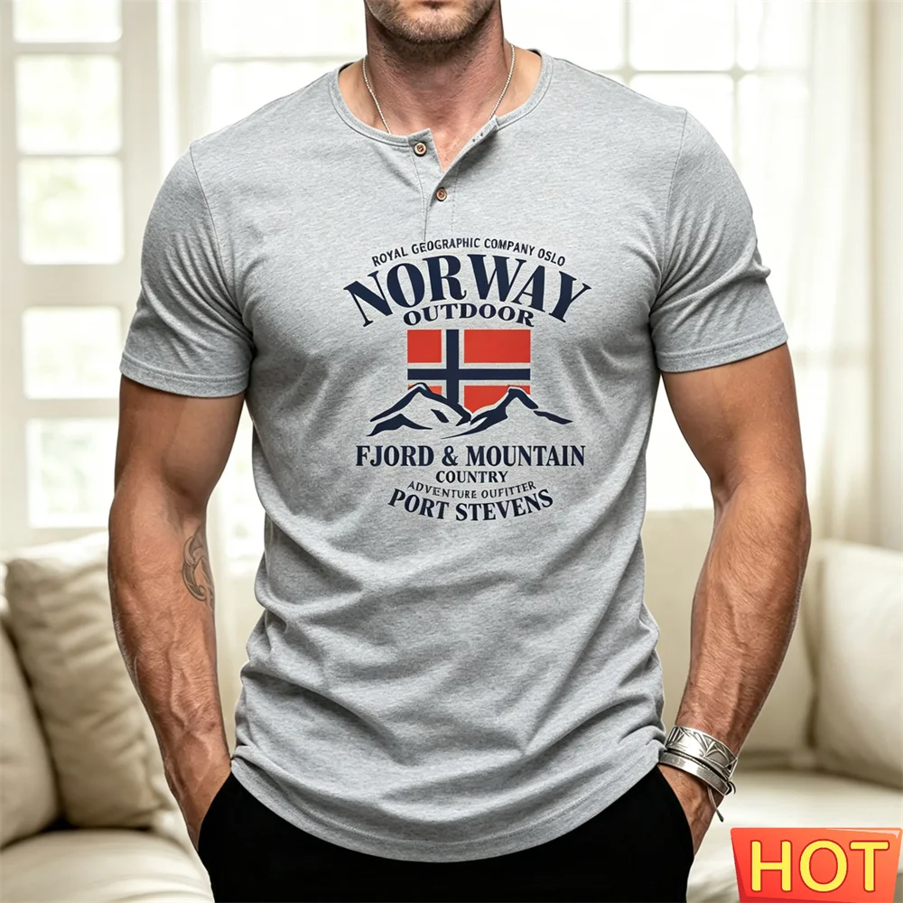 Men's button up T-shirt Print Trendy Men's button up T-shirt Summer Outdoor Sports Henry shirt Casual Loose Street Short Sleeve