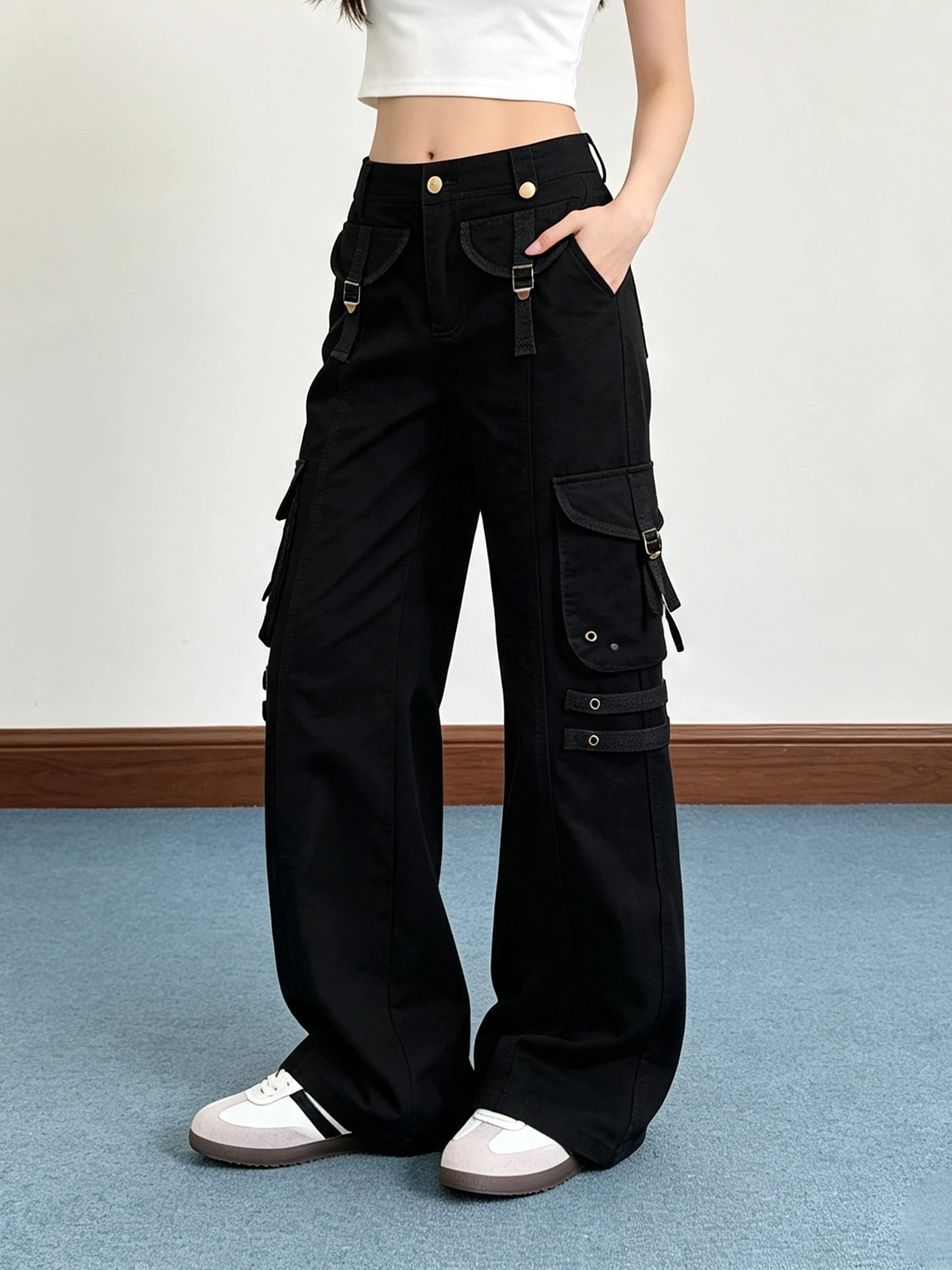 Street Style Workwear Flared Pants Women's Metal Buckle Weave Belt Pocket Design Floor-Length Trousers Casual Cotton Natural ...