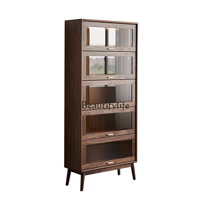 

North American Black Walnut Solid Wood Bookcase Multifunctional Storage Simple Modern Wine Cabinet with Light