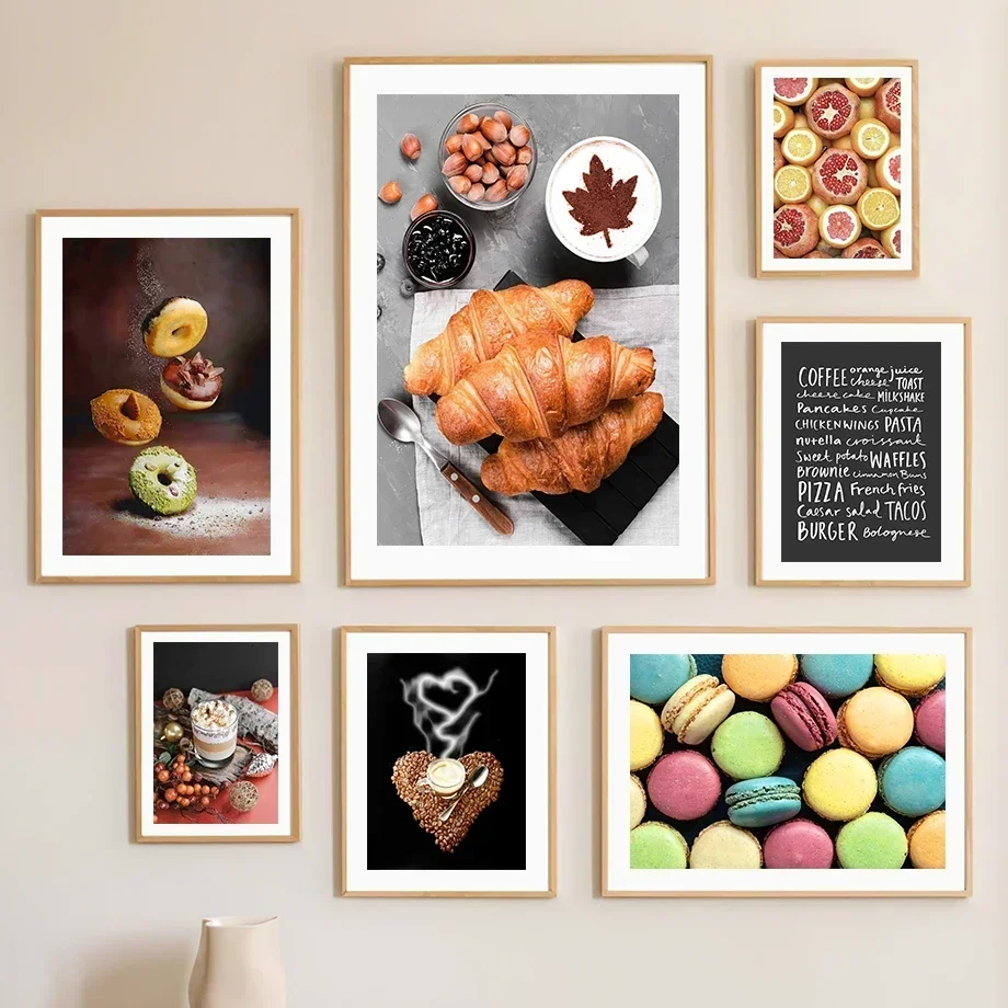 Nordic Kitchen Desserts Canvas Art  Coffee Cake Croissant Donut Macarons Wall Decor for Cafe  Home