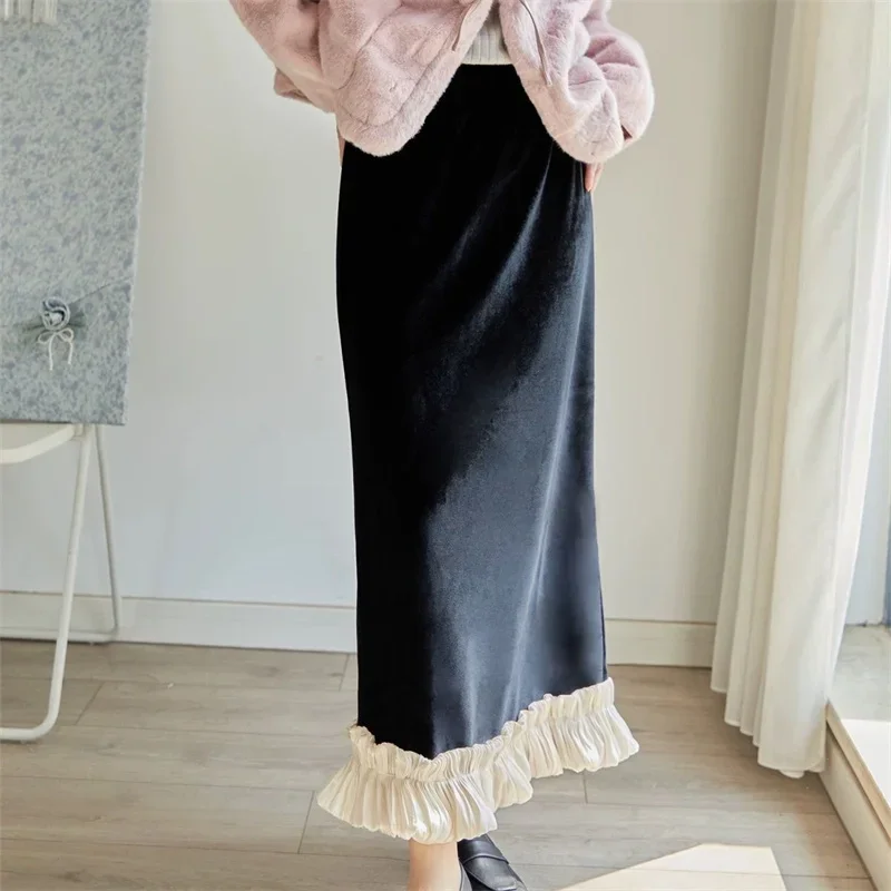 

New Fashion Velvet Long Skirt Women Elegant Office Lady High Waist Patchwork Office Lady Vintage Skirts Casual Jupe