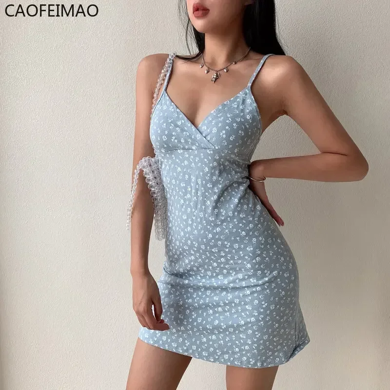V-Neck Y2k Vintage Floral Cross Camis Dress Women Slim Sleeveless Summer Sexy Cute Backless Patry Black Mini Dresses Lady Cloth
