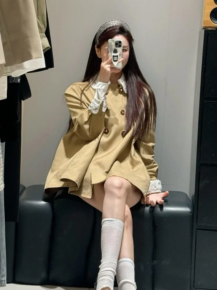 New Autumn Winter Womens Lace Doll Collar Loose Windbreaker Fashion Work Female Double Breasted Mid-length Coat Casual Jacket