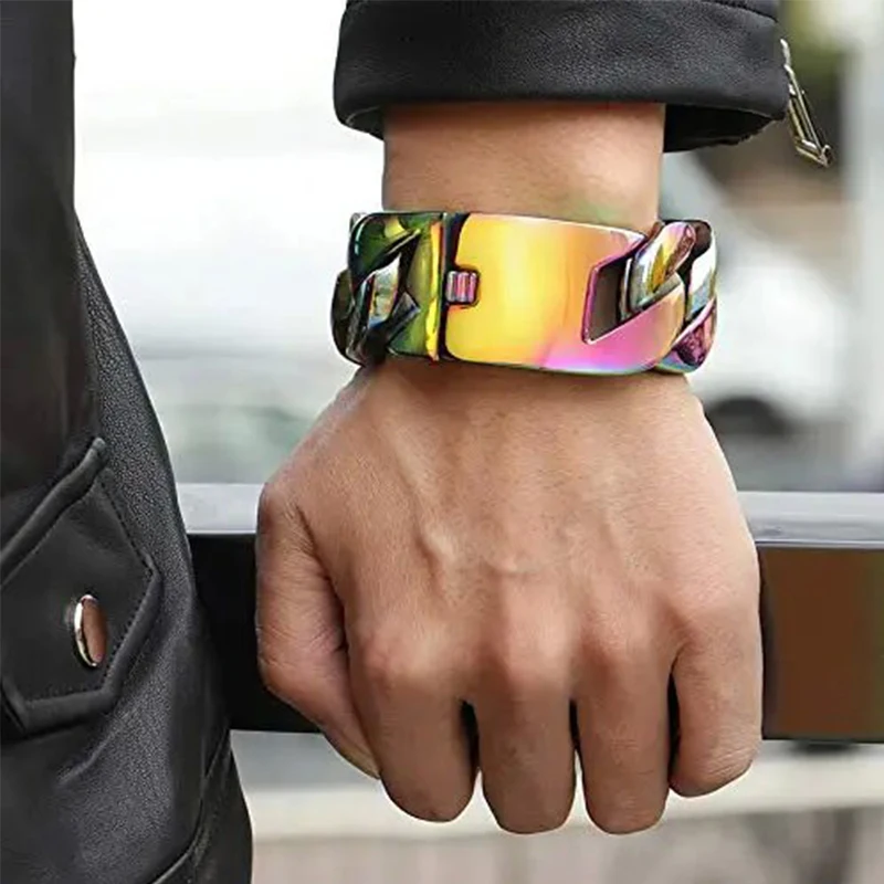 

32mm Wide Super Large Mens Bracelets Rainbow Multicolor Heavy 316L Stainless Steel Huge Punk Wrist Chain & Curb Cuban Bangles