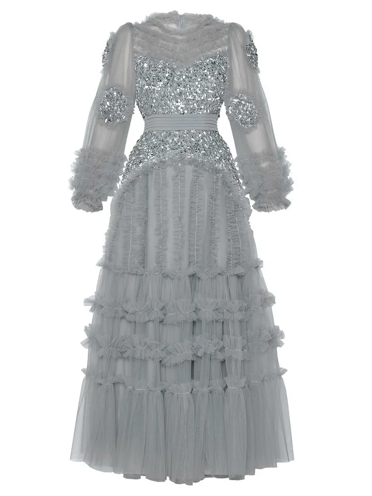 See-through mesh heavy industry three-dimensional sequined waist-cinching puffy large hem long dress