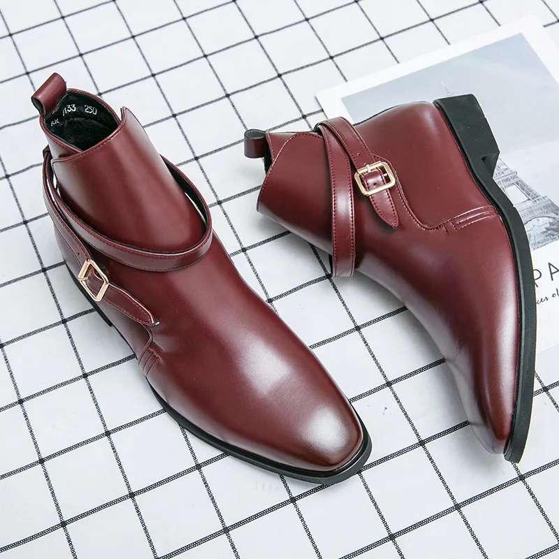 

Elegant Buckle Red Dress Shoes Man Comfortable Designer Luxury Man Shoes High Top Flat Pointed Large Size 48 Men's Leather boots