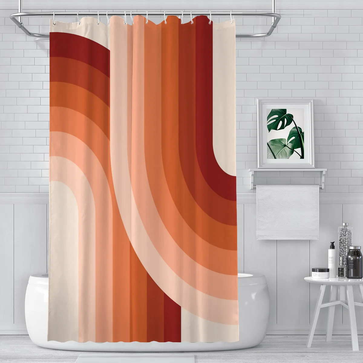 Mid-Century Modern Shower Curtain – Terracotta Rainbow Design, 89in, Geometric Abstract, Machine Washable, Durable
