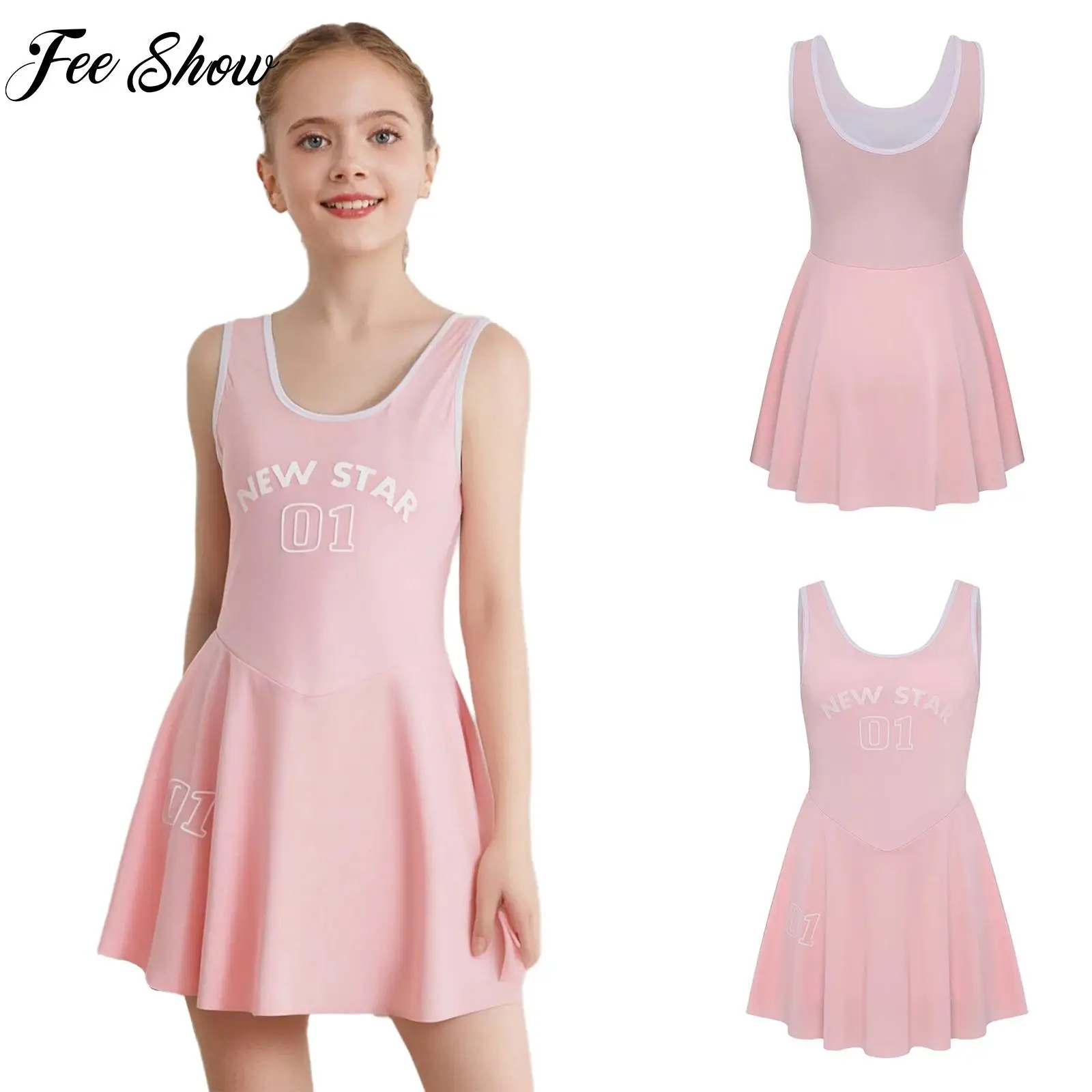 

Sporty Style Girl Dress Children's Sleeveless Letter Print Sports Golf Tennis Workout Athletic Dress with Removable Chest Pads