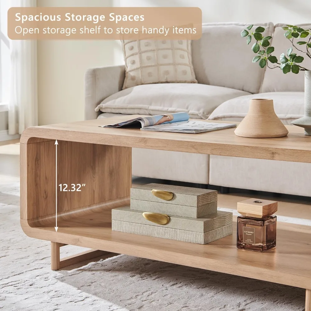 48 Современный журнальный столик, 2-уровневый минималистичный центральный стол с полкой для хранения, дизайн изогнутого профиля, деревянная прямоугольная гостиная