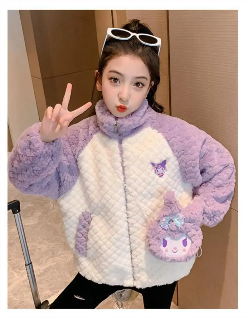 Hot Sanrio Kuromi Girl Flannel Thicken Hoodie Coat Hello Kitty Winter Clothes New Style Child Cotton Padded Jacket Kawaiicartoon