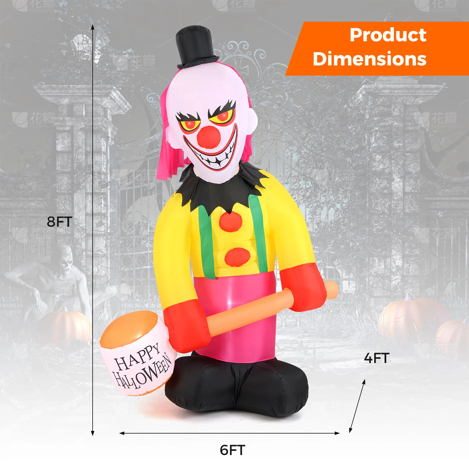 6 x 8 ft Inflatable Head Turning Clown LED Lighted Animated Clown w/ Hammer